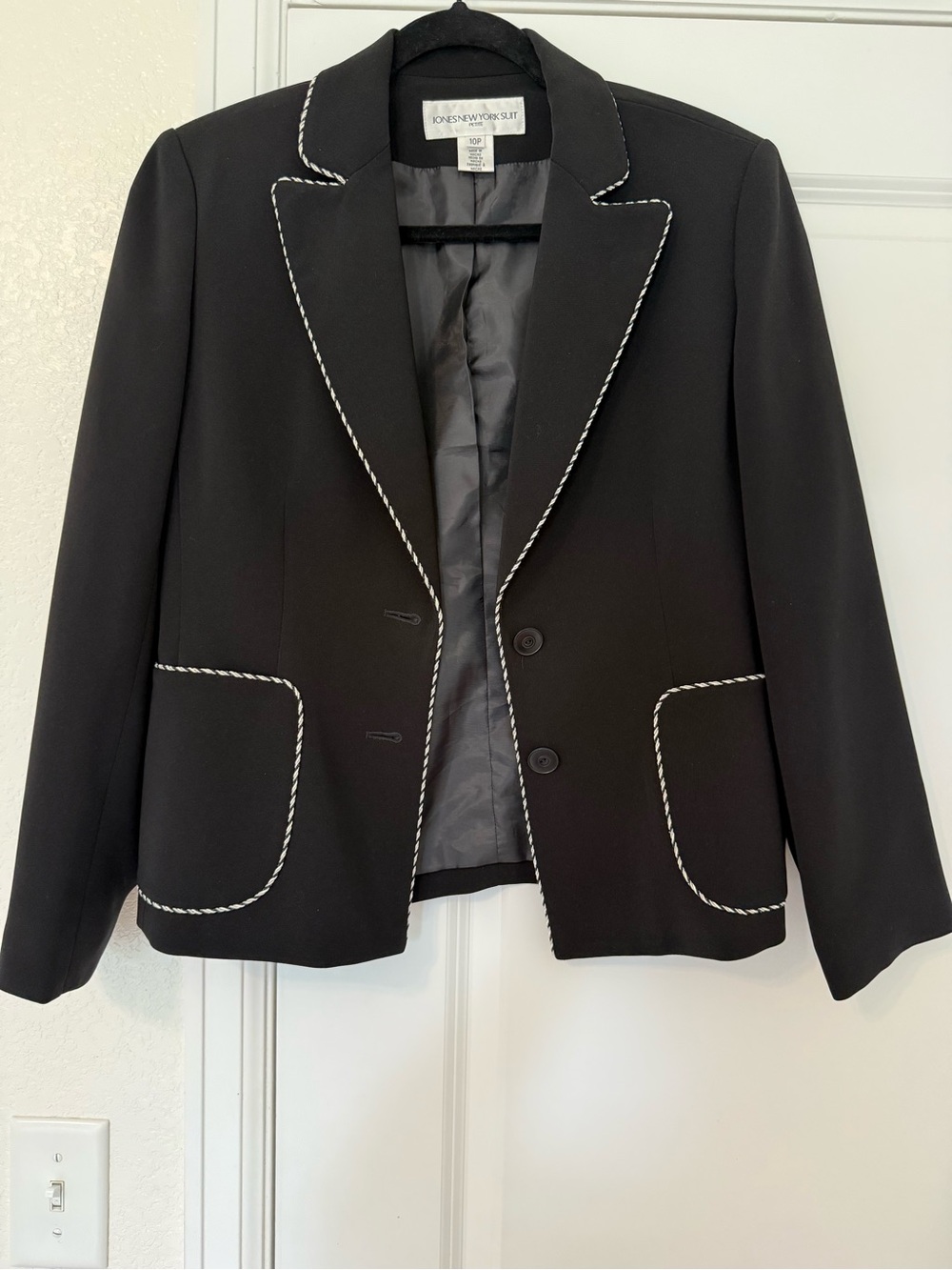 Jones New York Black Blazer with White Braid Trim